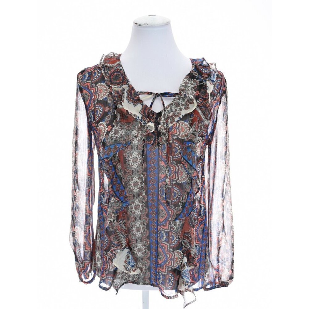 Socialite Sz S Ruffle Front Sheer Colorful Peasant Tunic Top Blouse Womens